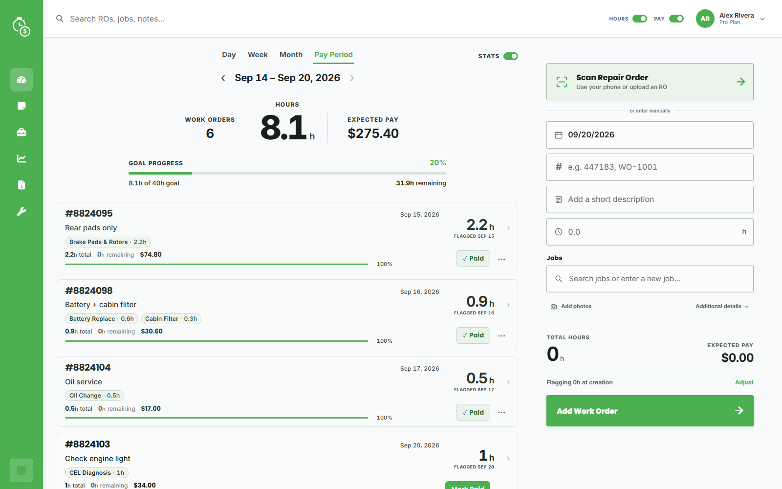 Flat Rate Tracker web dashboard showing work orders, jobs, hours, and pay for the current period